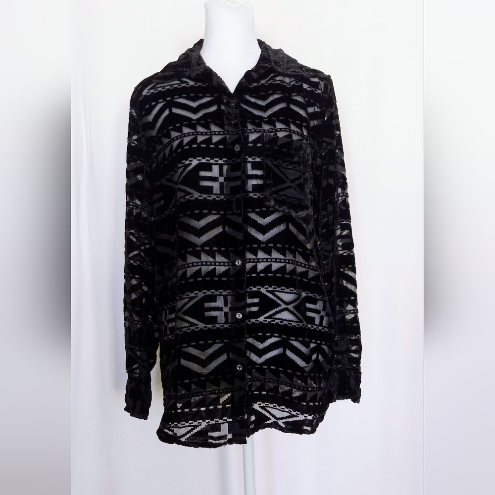 Ralph Lauren Denim & Supply Sheer Button Down Shirt Womens XS Black Aztec Print